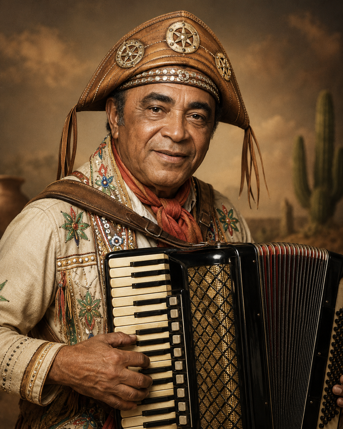 Representação ilustrativa de Luiz Gonzaga do Nascimento com sanfona, chapéu de couro nordestino e traje tradicional, em cenário inspirado no sertão.