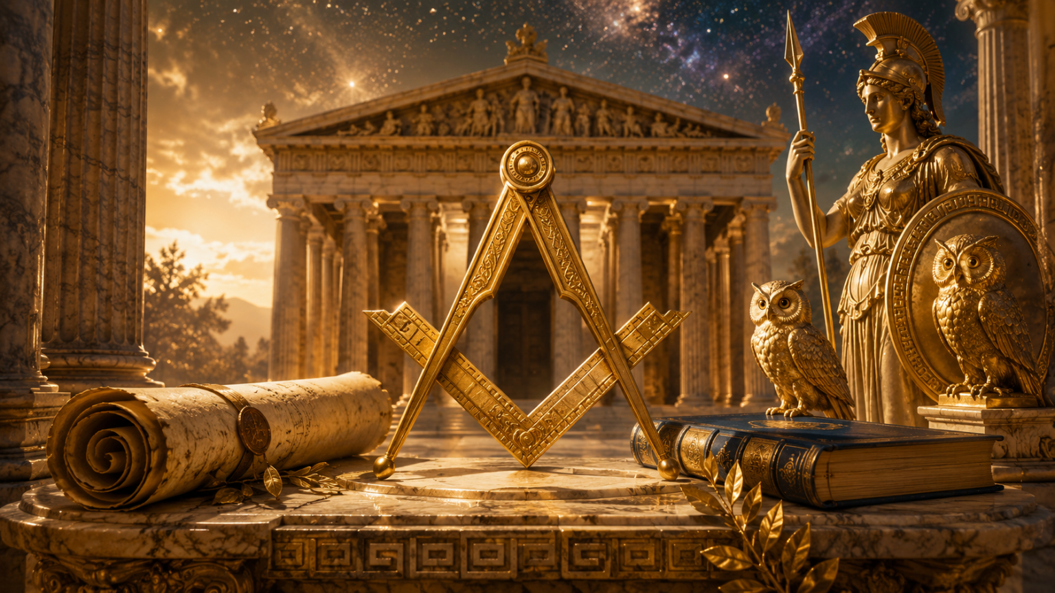Composição simbólica com esquadro e compasso diante de templo grego, estátua de Atena, corujas, pergaminho e livro antigo, relacionando Maçonaria e mitologia grega.