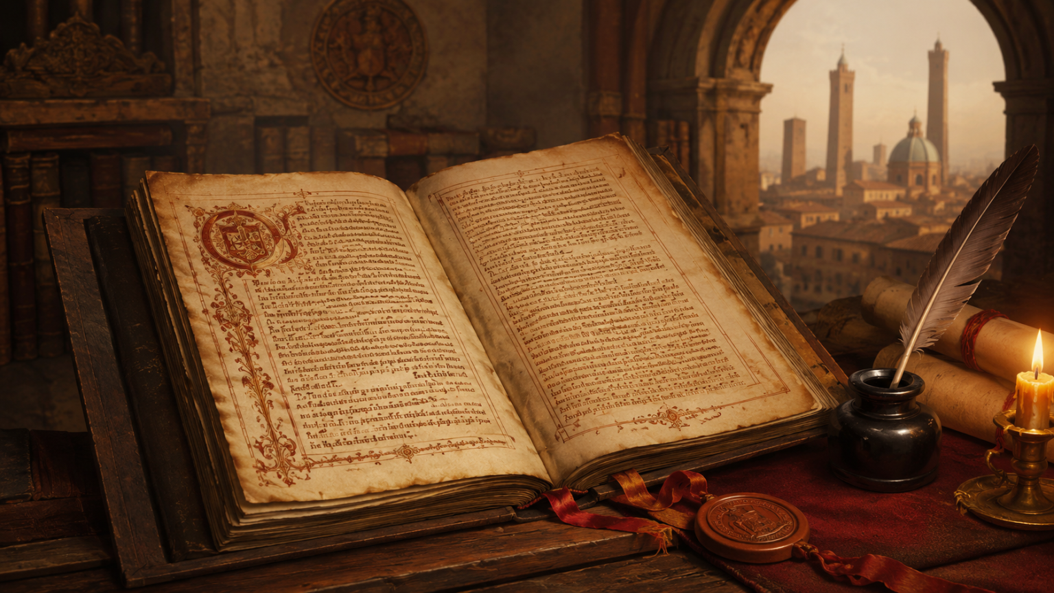 Manuscrito medieval aberto sobre mesa antiga, com pena, vela, selo e vista histórica de Bolonha ao fundo, representando a Carta de Bolonha.