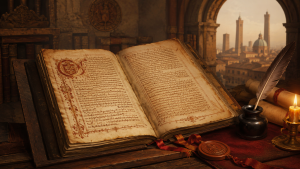 Manuscrito medieval aberto sobre mesa antiga, com pena, vela, selo e vista histórica de Bolonha ao fundo, representando a Carta de Bolonha.